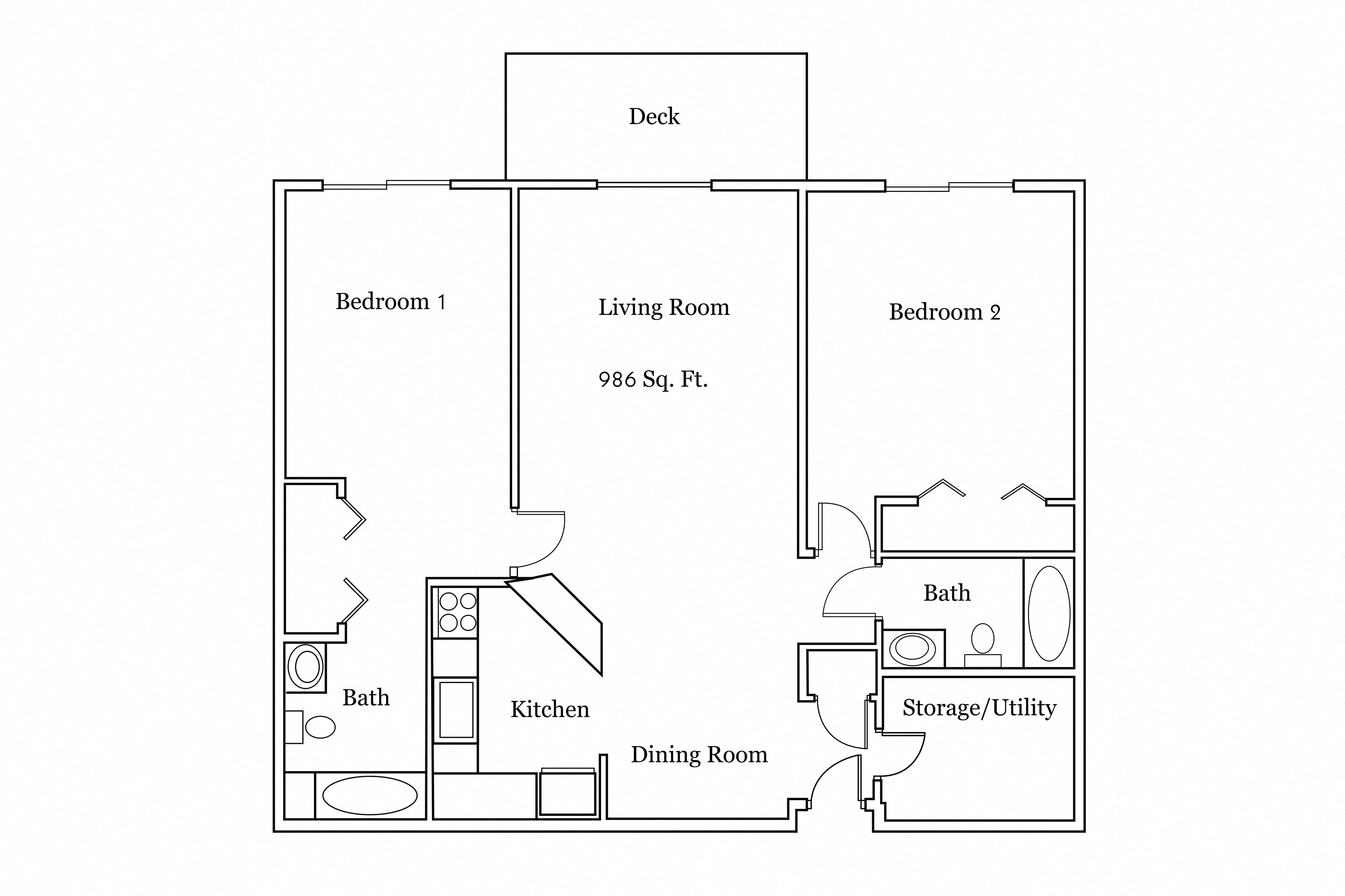 Floor plan for 2 beds, 2 baths, 986 sqft
